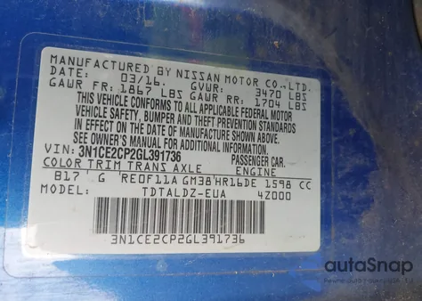 2016 Nissan Versa Note S (Sr)/S Plus/Sl/Sr/Sv from USA, damaged, VIN 3N1CE2CP2GL391736